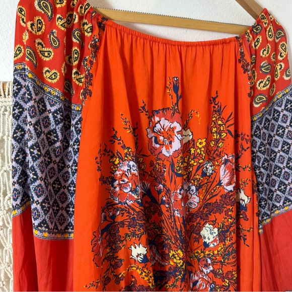 70s Free People Bright Orange Red Tapestry Bohemian Floral Peasant Blouse Small - Picture 7 of 11